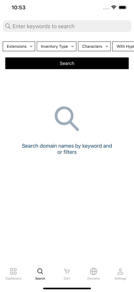 Pantalla de búsqueda de la aplicación GoDaddy Investor con filtros para extensiones de nombres de dominio y palabras clave