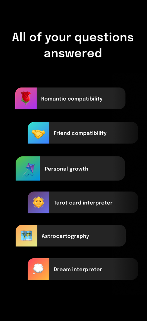 Astra - Life Advice - Astra app menu displaying features like romantic compatibility, tarot card interpreter, and dream interpreter
