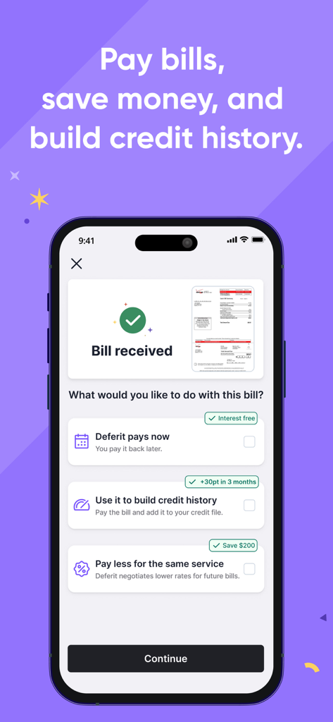 A mobile screen from the Deferit app showing options to pay bills in installments, build credit history, and negotiate lower rates.