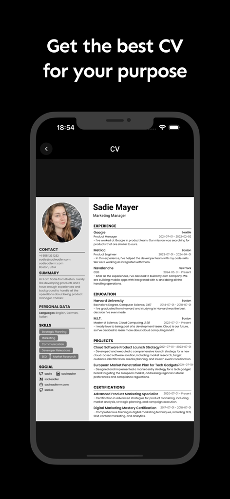 Smart CV: Resume Maker - Smartphone screen showing a professional resume template for a marketing manager with sections for experience and education