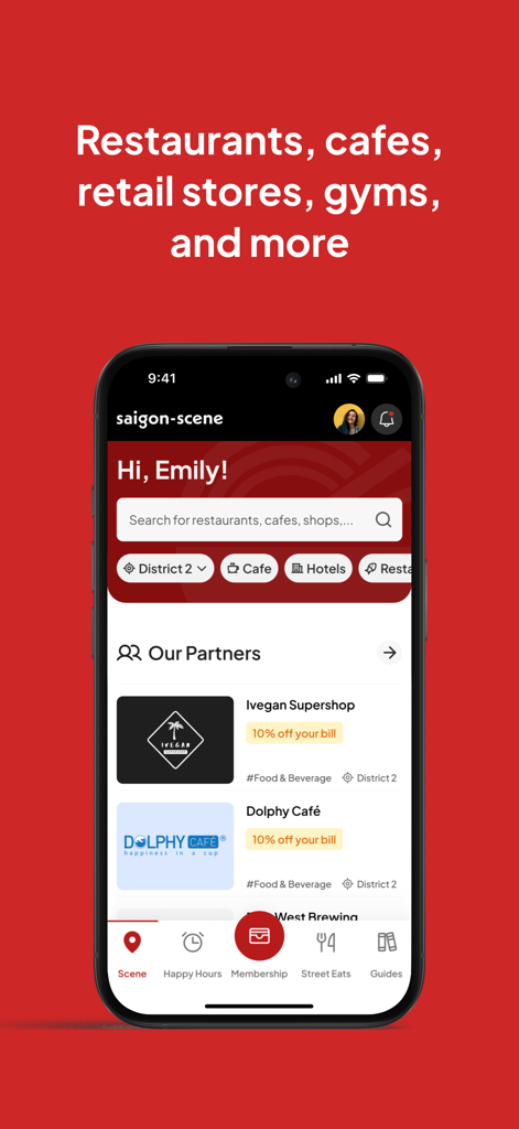 Saigon Scene - Saigon Scene mobile app home screen showing local business discounts and partner restaurants