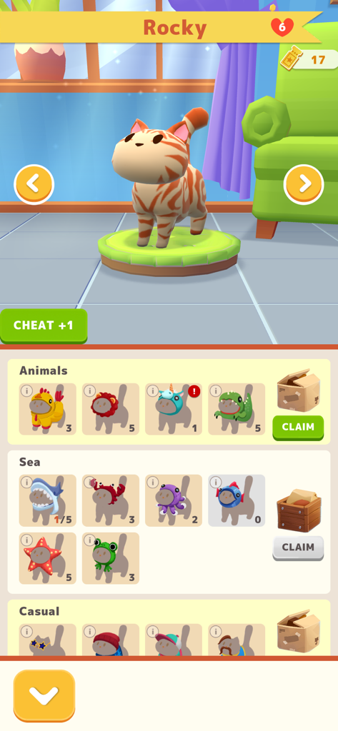 A cat customization screen in Idle Pet Shelter showing various animal and sea themed costumes for a rescue cat named Rocky