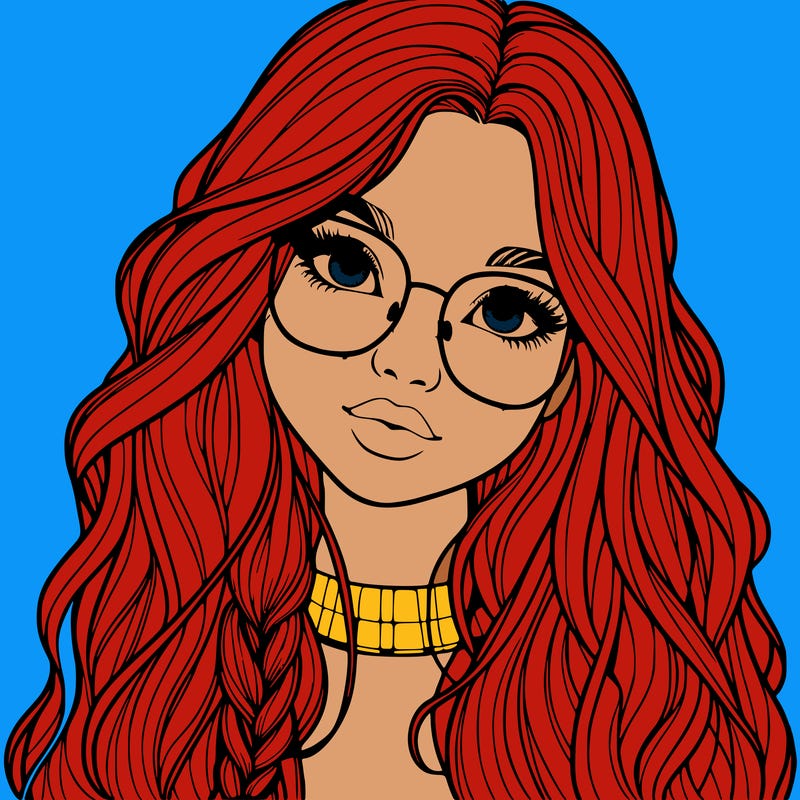 girl with long hair and freckles and glasses realistic