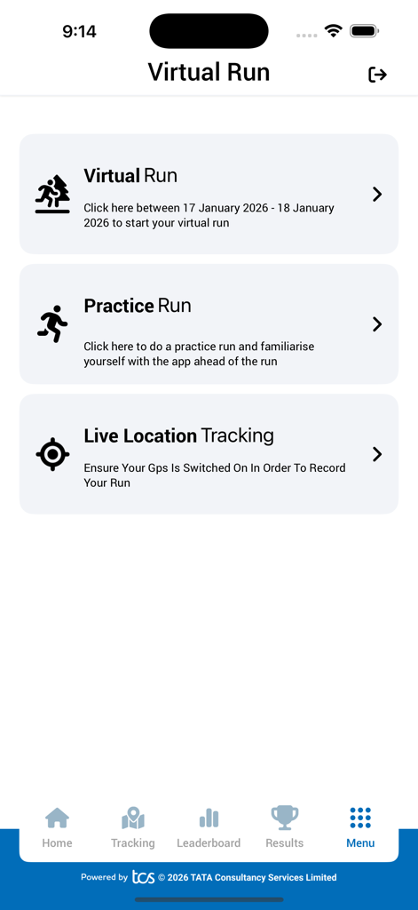 Schermata del menu Virtual Run dell'app TMM 2026 che mostra le opzioni per la corsa di allenamento virtuale e il tracciamento in diretta