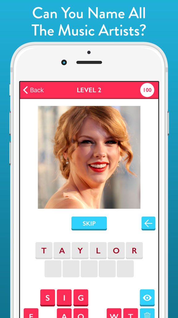 Guess The Music Artist - Free Quiz Game About Singers And Bands - A screenshot of the Guess The Music Artist mobile game featuring a Taylor Swift quiz level