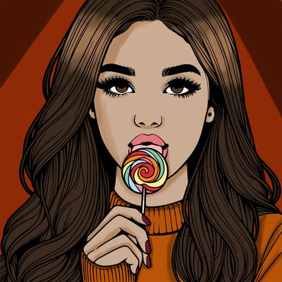 realistic girl with long hair and lollipop in hands and mouth