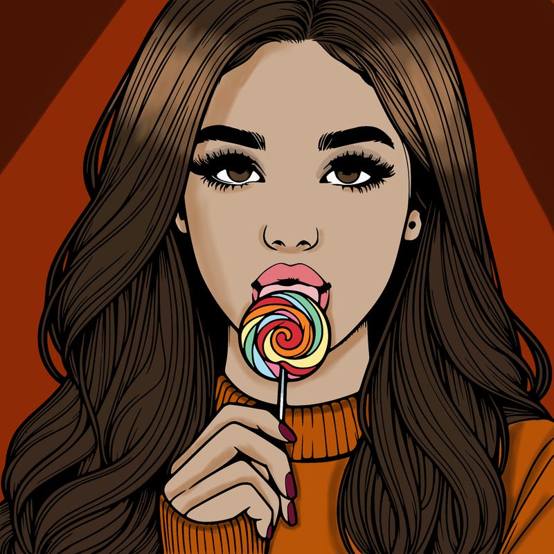realistic girl with long hair and lollipop in hands and mouth