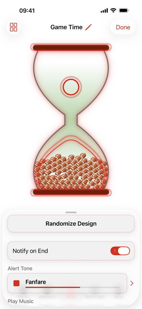 Mojisand: Emoji Sand Timers - Mojisand app interface showing a custom sand timer filled with football emojis and alert settings.