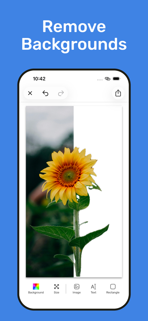 ムードボードメーカーアプリのスマートフォンインターフェース。背景が削除されているひまわりが表示されています。