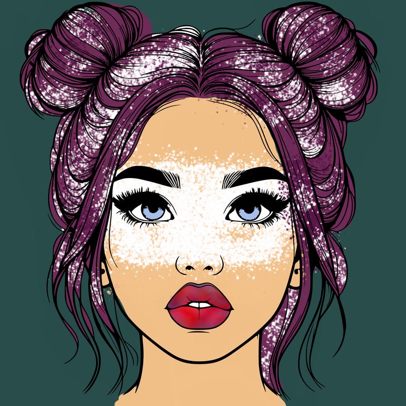 realistic girl with two buns on her hair and lips
