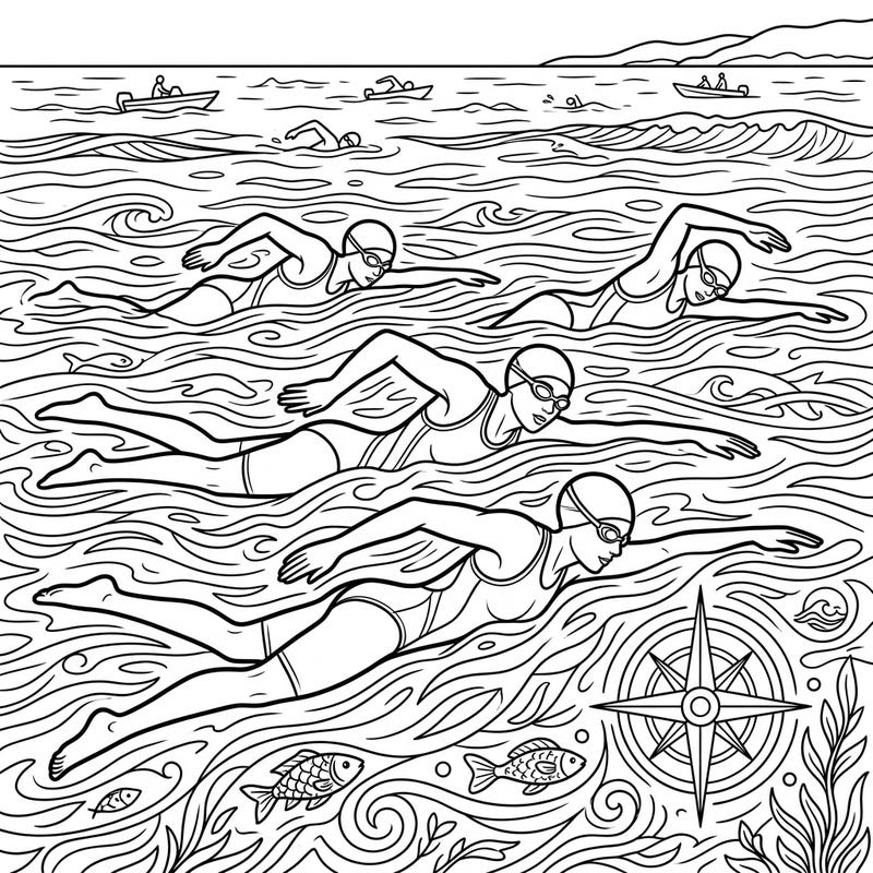 Dive into the exhilarating world of open water swimming with this dynamic coloring page. Featuring powerful swimmers gliding through detailed waves, it's a perfect tribute to their incredible endurance and spirit.