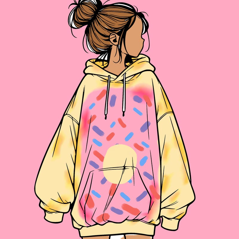 realistic girl with a oversized sweatshirt on and a bun