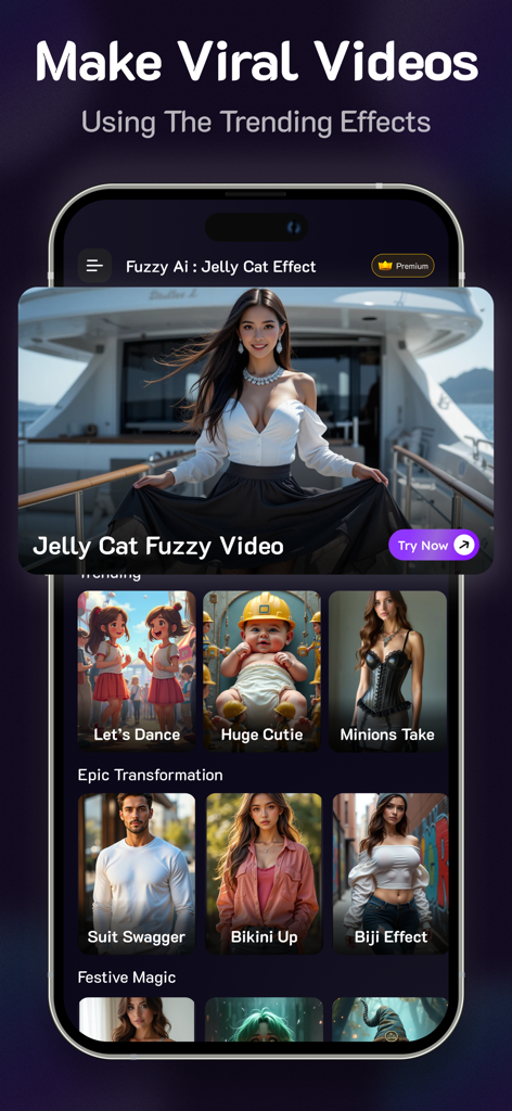 Twerk Video : Fuzzy Ai - Interface de aplicativo móvel exibindo efeitos de vídeo de IA em alta para criar conteúdo viral