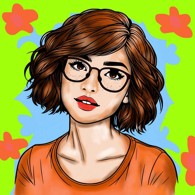 realistic short hair woman with glasses