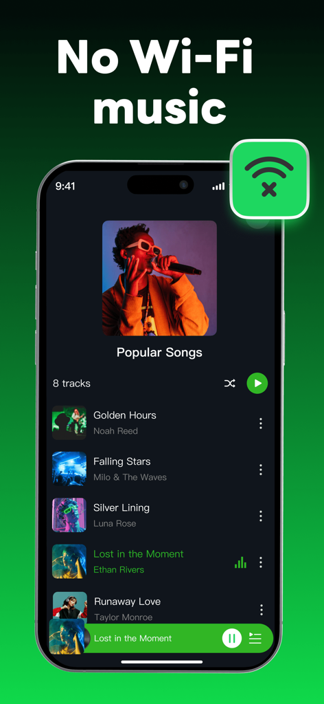HT Offline Music Player app interface showing a playlist of songs for offline listening without Wi-Fi