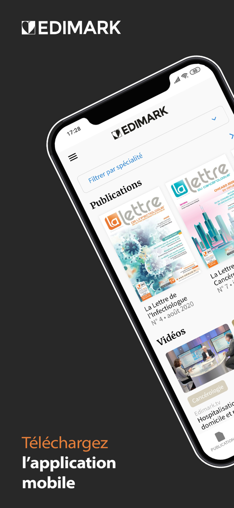 Edimark - Edimark mobile app interface showing specialized medical journals and expert videos for healthcare professionals