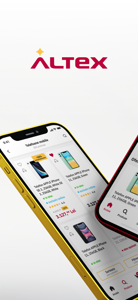 Altex - Altex mobile app interface on a smartphone screen showing a selection of iPhones for sale