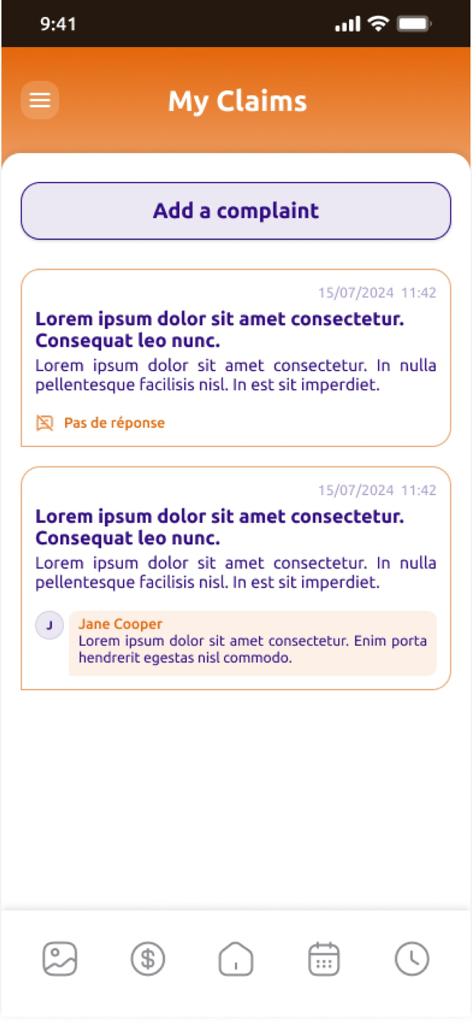 DigiKids - Mobile screen of the DigiKids app displaying the claims and complaints management interface for parents.