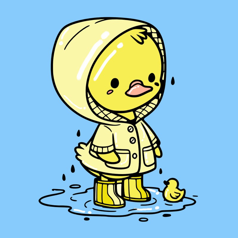 baby duck in a rain coat and boots, in a puddle while it’s raining