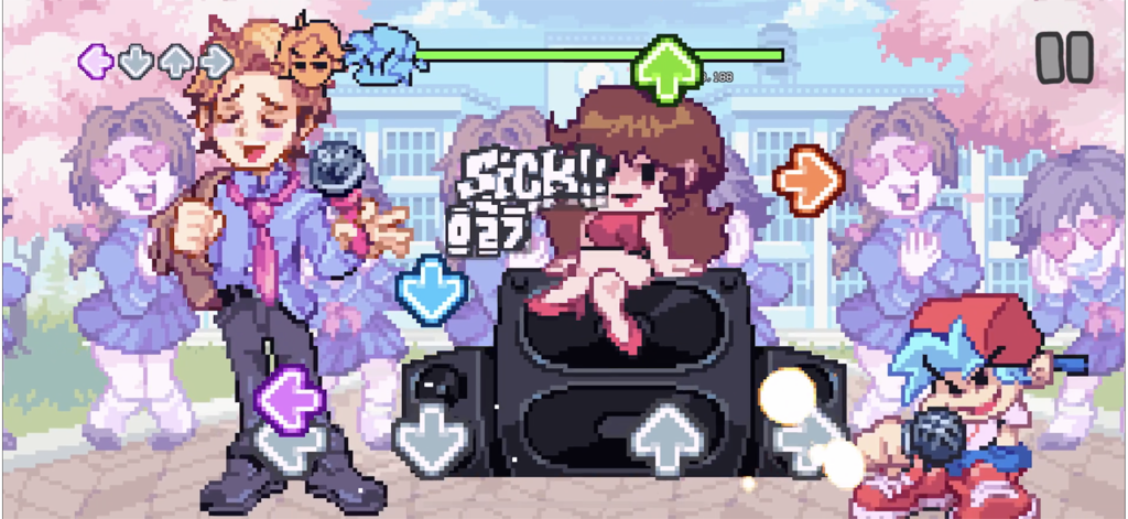 Jugabilidad rítmica de píxeles de Friday Night Funkin Mobile con Boyfriend y Senpai