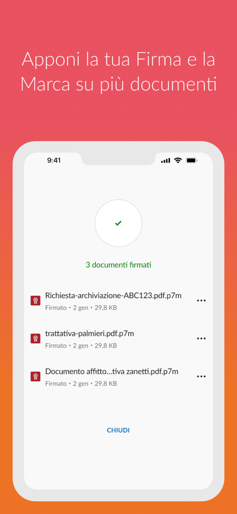 Aruba Firma Digitale - Mobile screen of the Aruba Firma Digitale app confirming that three documents have been successfully digitally signed.