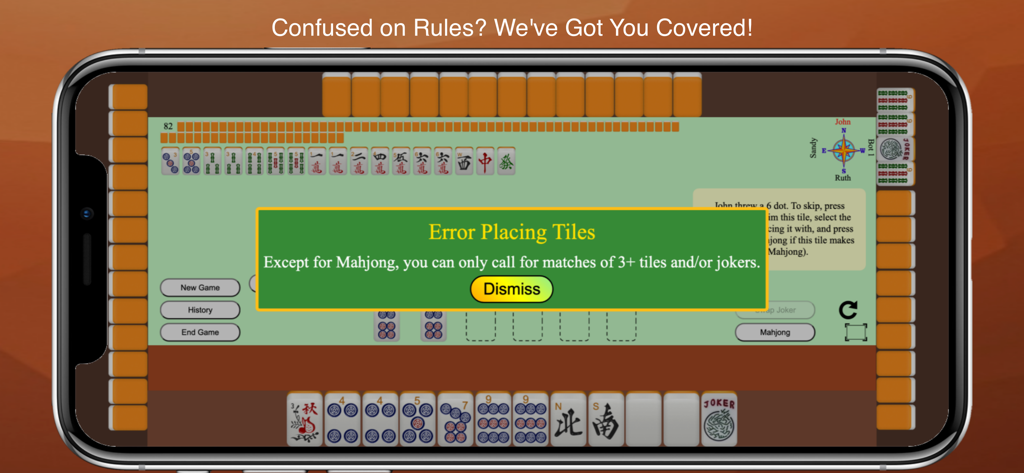 A screenshot of Mahjong 4 Friends showing a helpful in-game rule popup explaining how to correctly place tiles during a match.