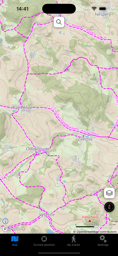 A detailed topographical map of the Czech Republic showing pink hiking trails and contour lines for mountain navigation.