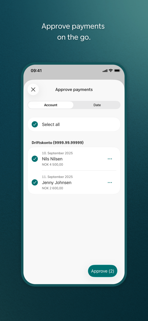 DNB Bedrift mobile app interface showing the payment approval screen with a list of transactions