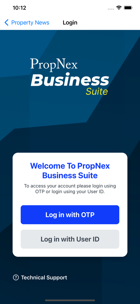 PN Business Suite - Login screen for the PN Business Suite mobile app showing OTP and User ID login options