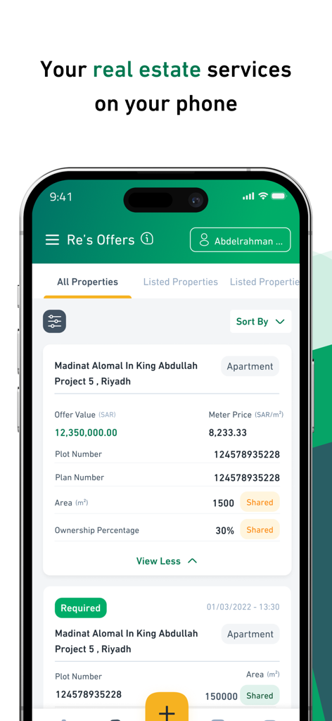 Saudi Real Estate Market - Smartphone screen showing property offers and apartment listings in Riyadh within the Saudi Real Estate Market app.