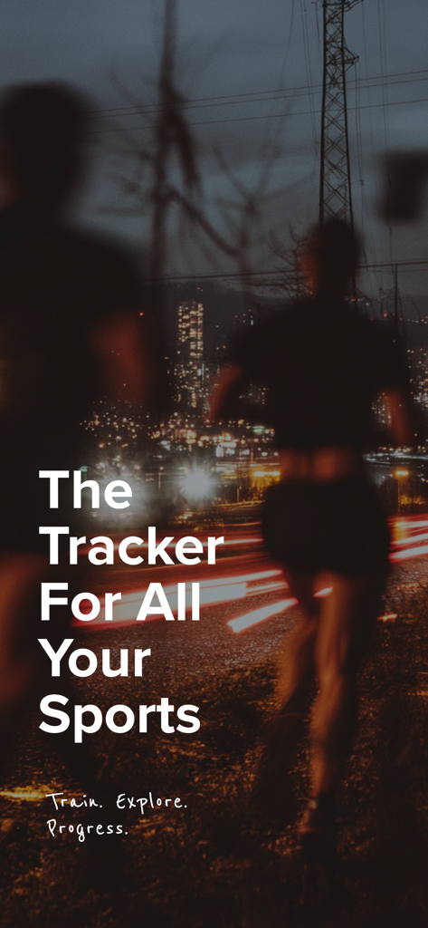 Sports Tracker: Run Bike Hike - Zwei Personen laufen nachts mit Blick auf eine Stadt, mit dem Text The Tracker For All Your Sports