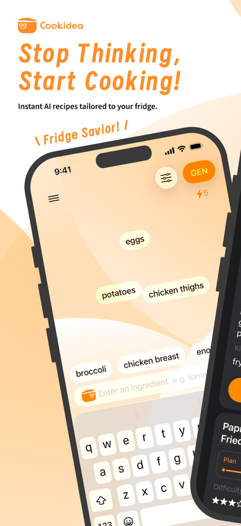 A mobile app interface where users can input ingredients like eggs and chicken to generate instant AI recipes.