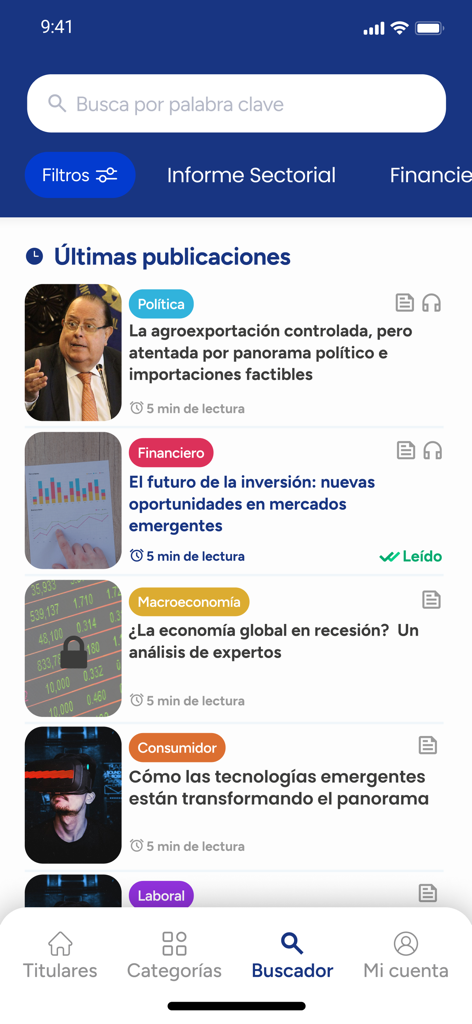 SAE App - SAE App search screen displaying the latest economic and political reports with reading times for executives