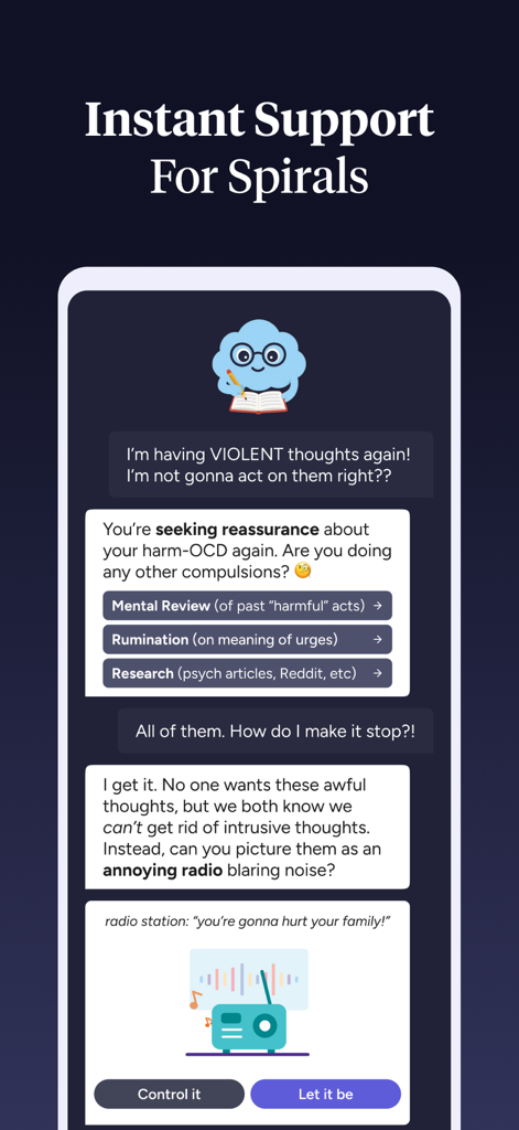 Choiceful: OCD Treatment App - Choiceful app interface showing an AI chat session providing instant therapeutic support for an OCD spiral.