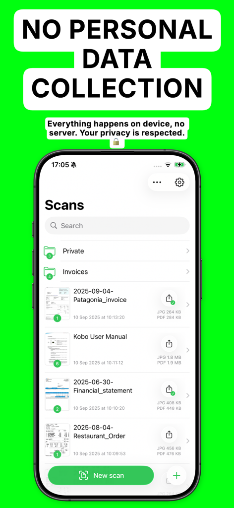 QuickScan app interface displaying scanned documents and a heading emphasizing no personal data collection and on-device processing
