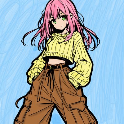 anime teen girl with baggy pants and crop top with sweater