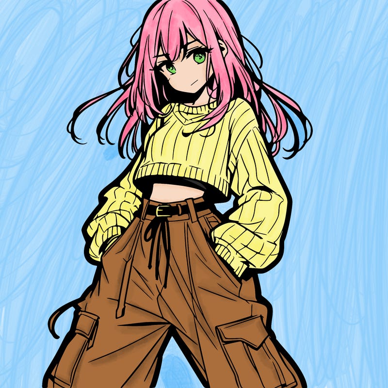 anime teen girl with baggy pants and crop top with sweater