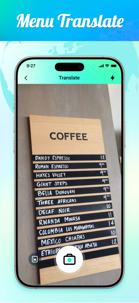 Translate Rabbit - L'app Translate Rabbit utilizza la sua funzione di traduzione della fotocamera per scansionare un menu del caffè su uno smartphone.