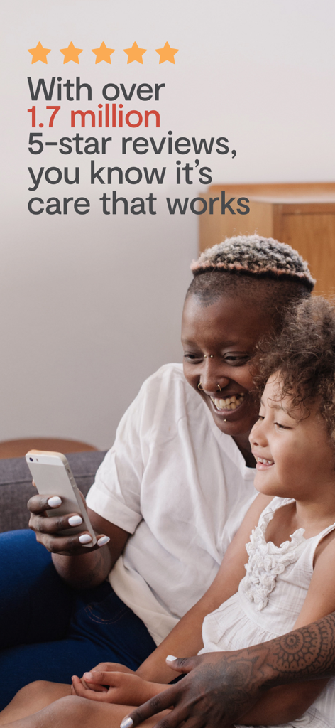 A smiling mother and child look at a smartphone under text highlighting over 1.7 million 5-star reviews for the Maple app.