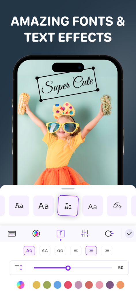 Video Editor - Movie Maker Pro - 女の子のビデオ上にさまざまなフォントスタイル、テキストの色、編集ツールを表示したMovie Maker Proアプリのインターフェース