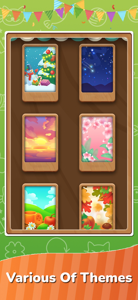 Connect Master - Tile Matching - A display of various colorful game themes including winter night and autumn scenes for the Connect Master app