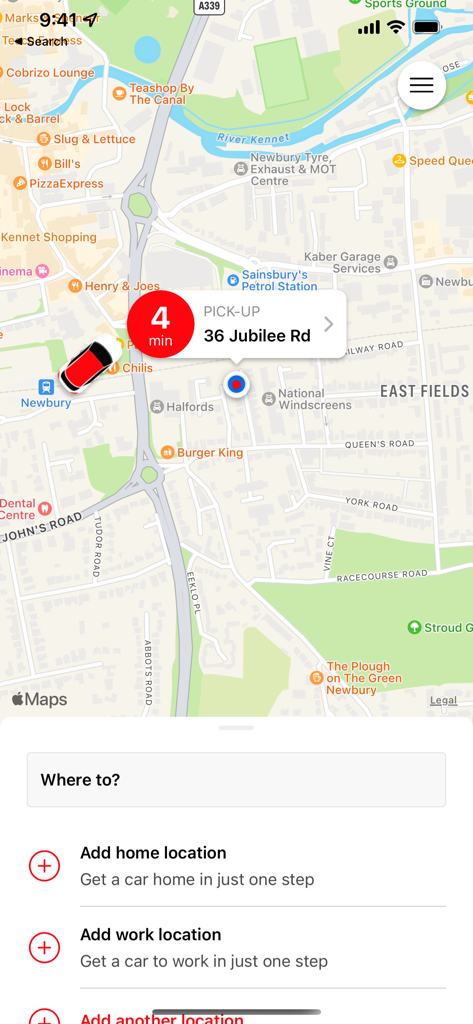 Cabco Newbury - Cabco Newbury taxi app interface showing real-time car tracking and pickup location selection on a map