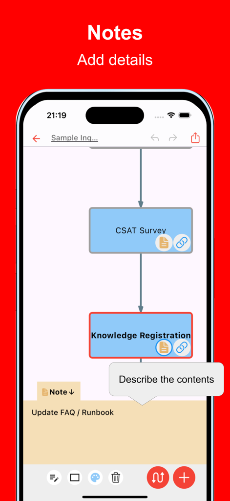 Simple Flowchart - Interfaz de la aplicación móvil Simple Flowchart que muestra el proceso de añadir notas detalladas a un diagrama de flujo.