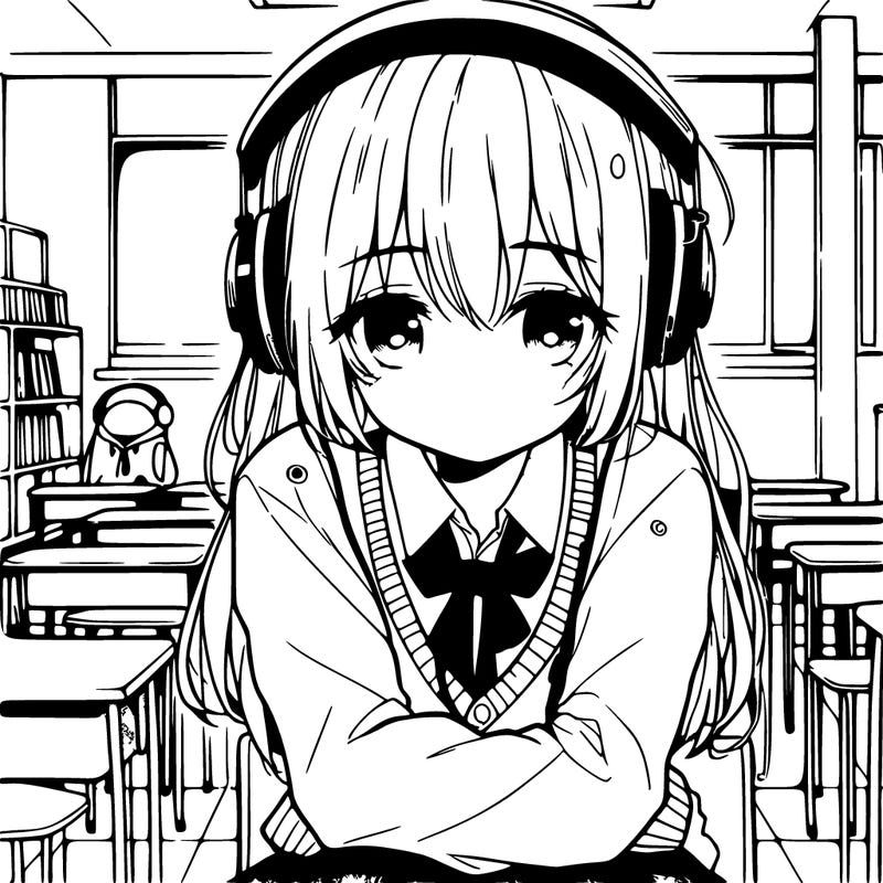 manga lonely girl with headphones in school