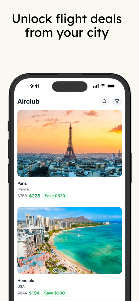 Airclub - Flight Deals - Interfaccia dell'app Airclub che mostra offerte di voli scontati per Parigi e Honolulu