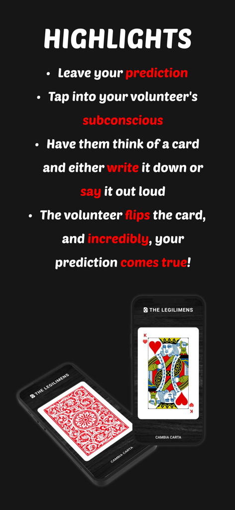 Destaques do aplicativo de mágica Legilimens mostrando um truque de mentalismo de previsão de cartas em telefones celulares
