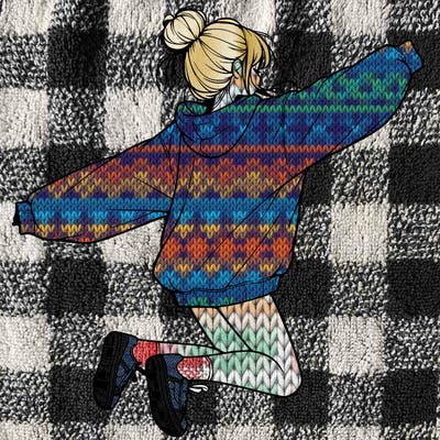 realistic girl jumping with a bun and oversized sweatshirt