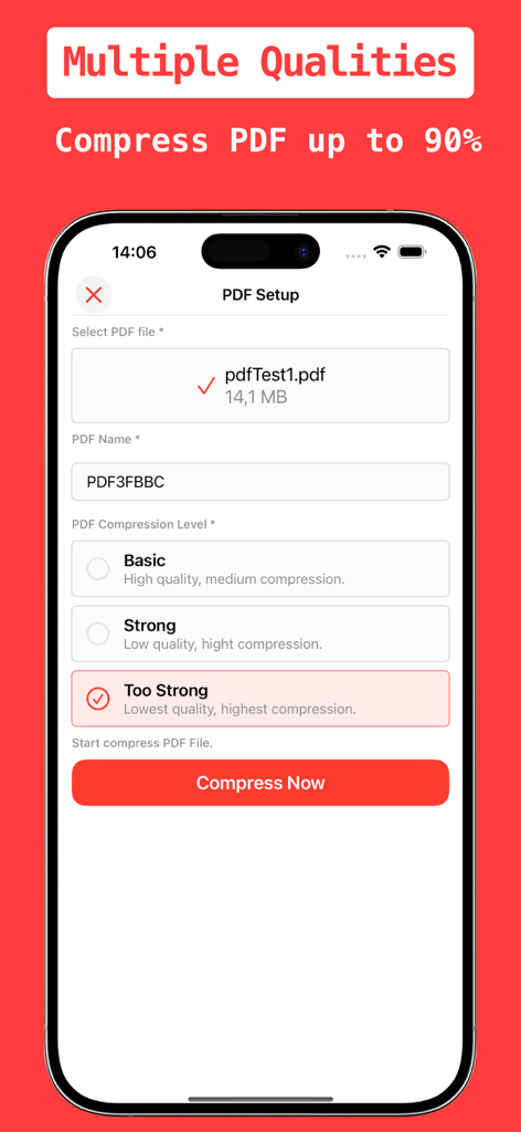 PDF Compressアプリのモバイルインターフェースで、ファイルサイズを削減するための複数の品質レベルを表示