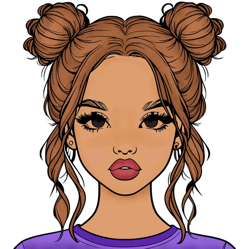 realistic girl with two buns in hair and lips