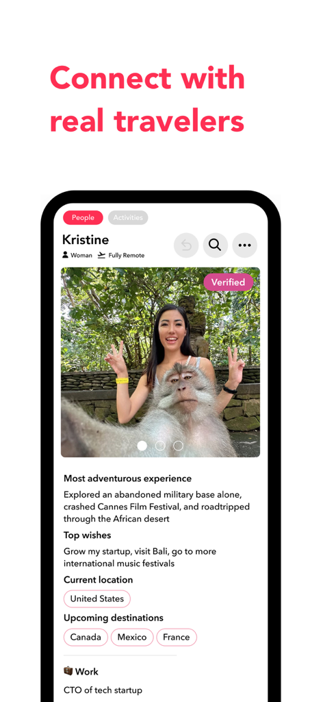 Mobile app screenshot of a verified traveler profile on Fairytrail with a photo and travel itinerary details